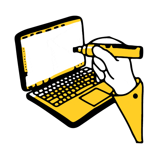 Hand, die mit Stift auf Bildschirm eines Laptops Knorke schreibt, alles in schwarz, weiß, gelbem Comicstil