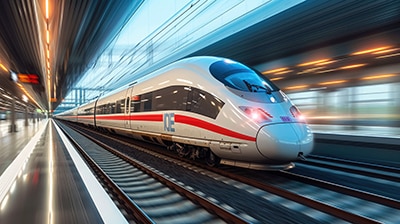Moderner ICE der an einem schönen Tag durch einen Bahnhof fährt