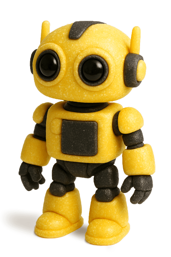Gelber Roboter aus Fondant mit schwarzen Akzenten. Große runde schwarze Augen, Antennen an den Ohren, schwarzer Klappe auf der Brust und schwarzen Händen.