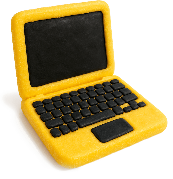 Gelber aufgeklappter Laptop aus Fondant mit schwarzem Bildschirm und schwarzen Tasten.
